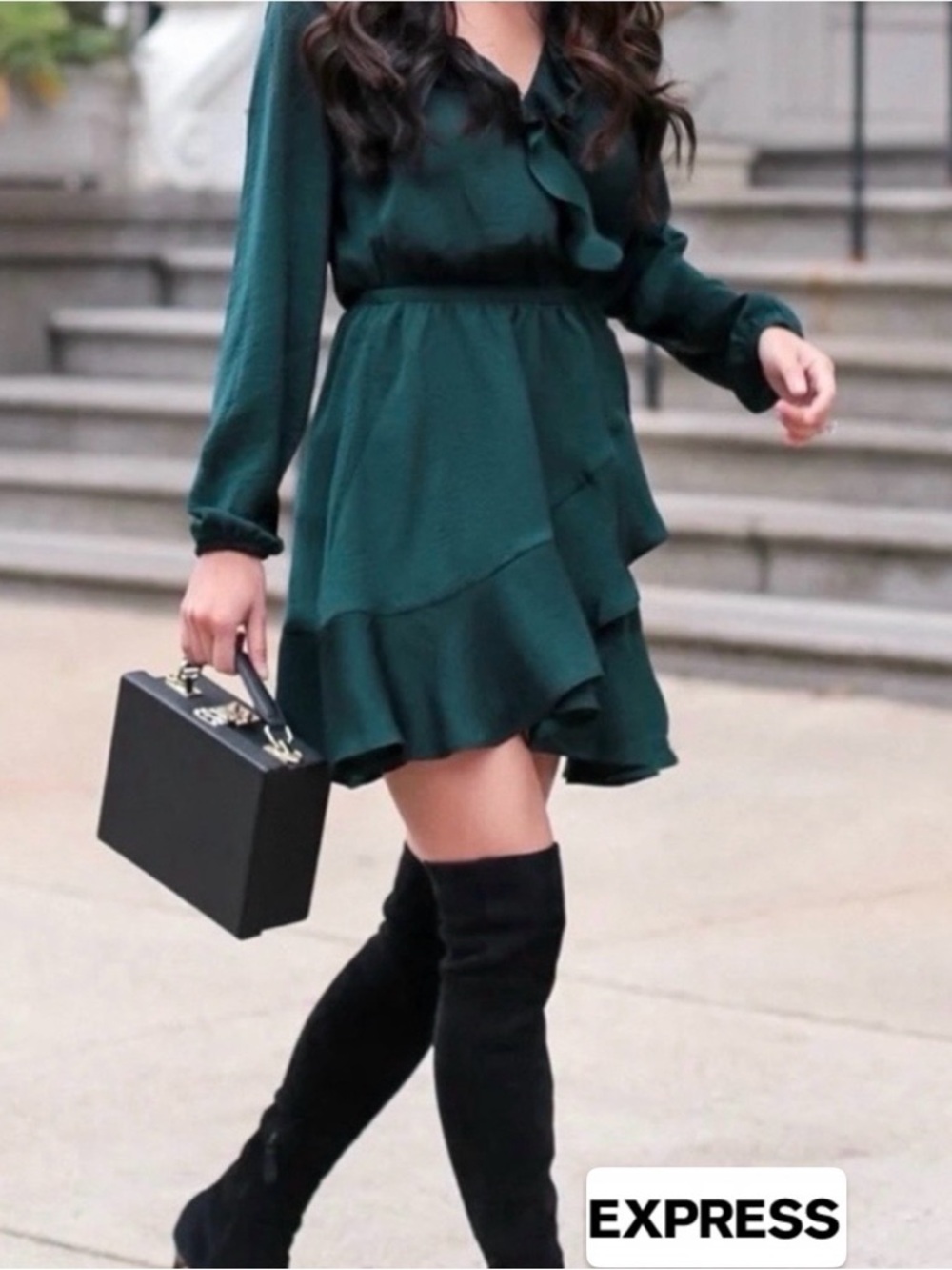 Express Emerald Green Ruffle Long-Sleeve Mini Dress